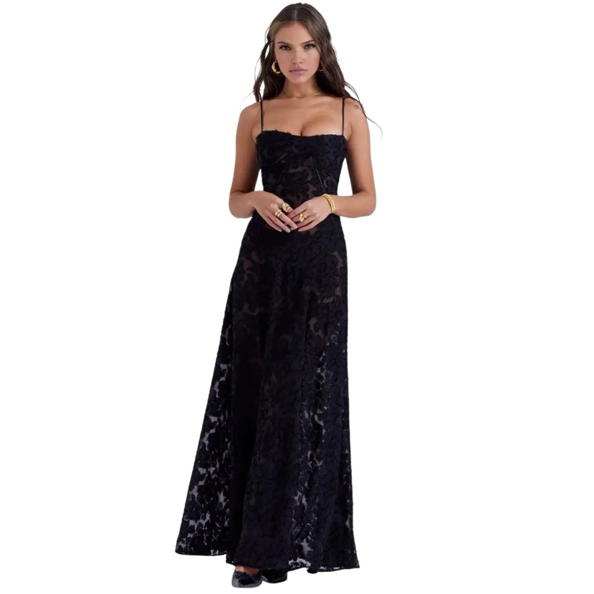 Corset Maxi Jurk van Organza Jacquard met Vetersluiting Dames | Yara