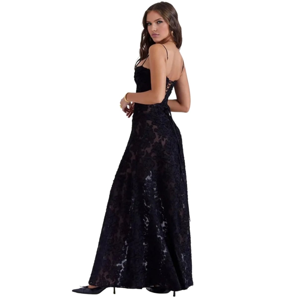 Corset Maxi Jurk van Organza Jacquard met Vetersluiting Dames | Yara