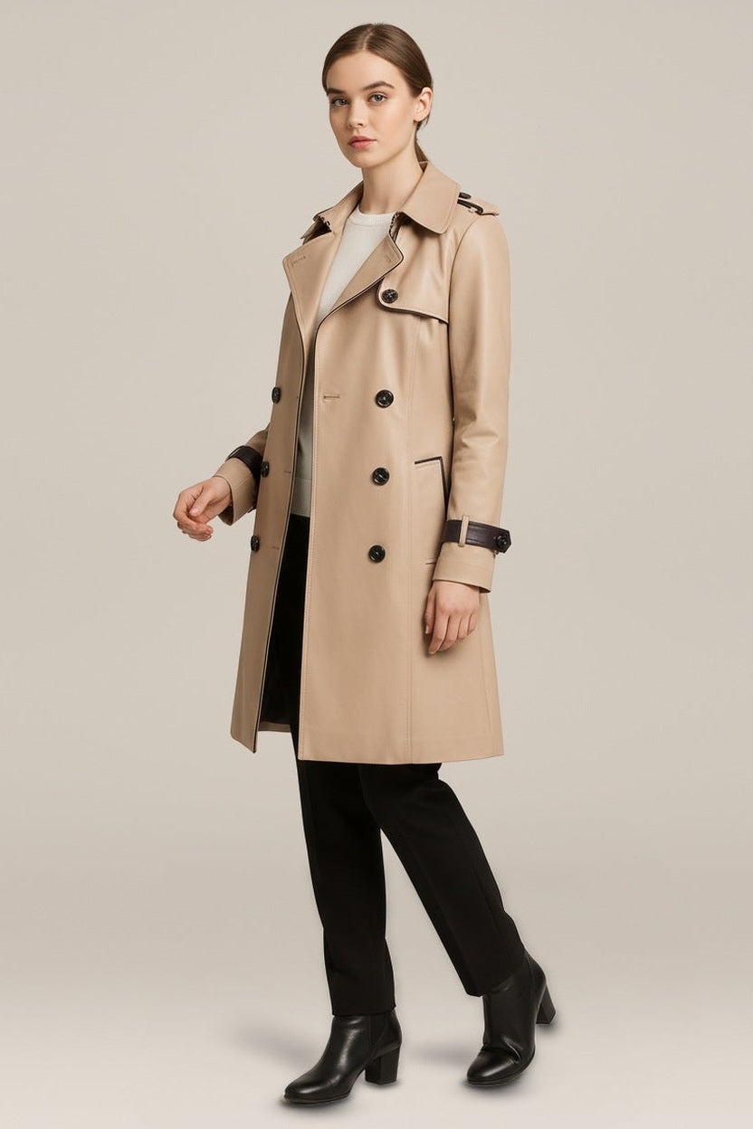 Trenchcoat Dames met Contrastbies – Dubbele Knopenrij in beige – vooraanzicht