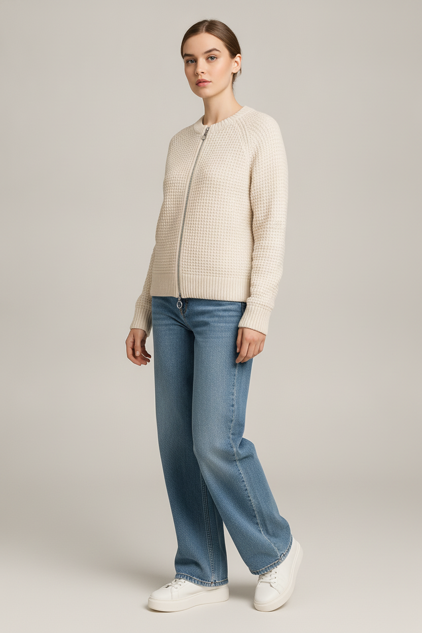 Gebreid Vest Dames met Rits – Cardigan met Ronde Hals — Solenne – Crème – vooraanzicht