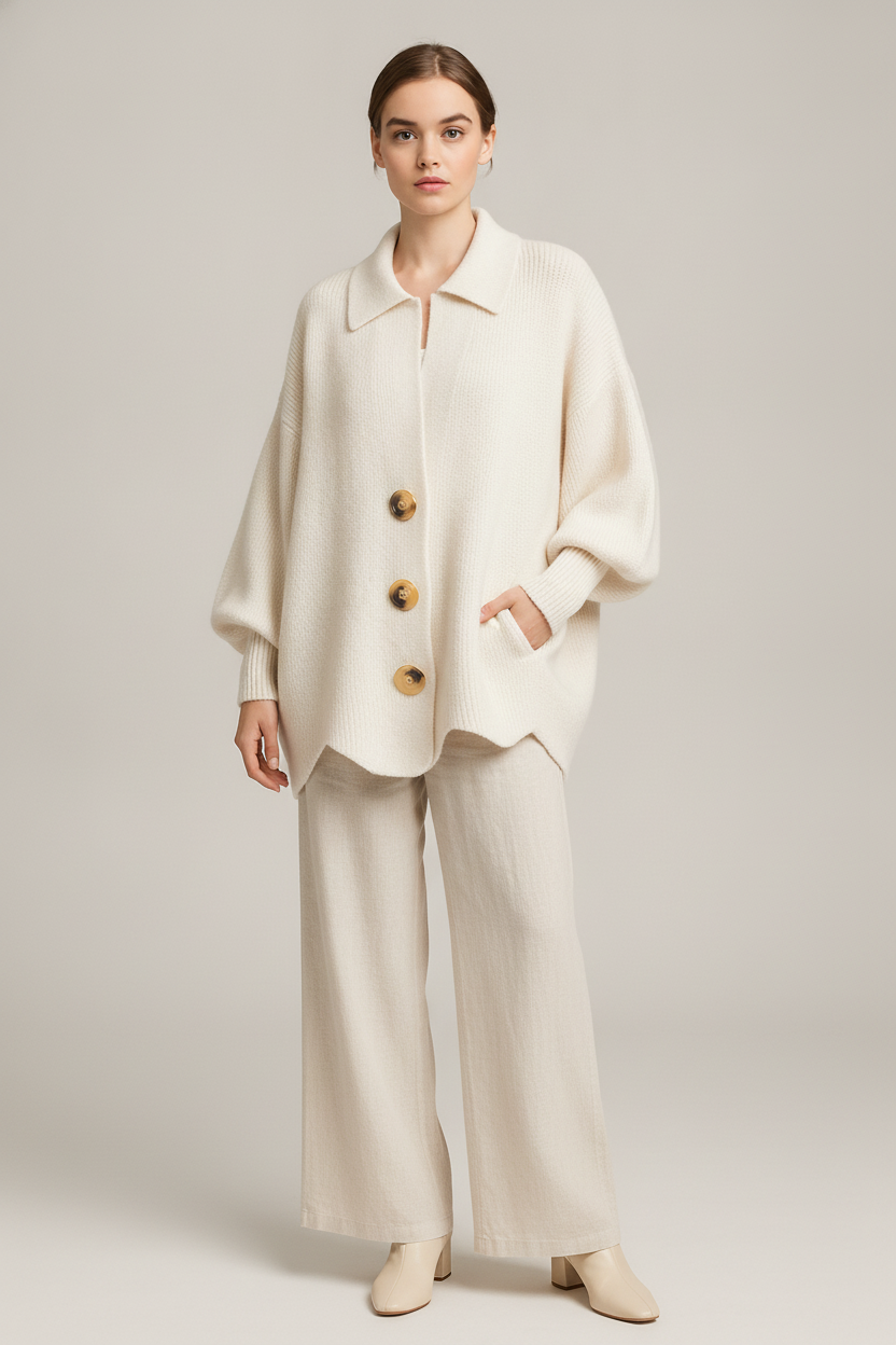 Oversized Gebreid Vest Dames – Cardigan met Grote Knopen — Norah – Crème – vooraanzicht