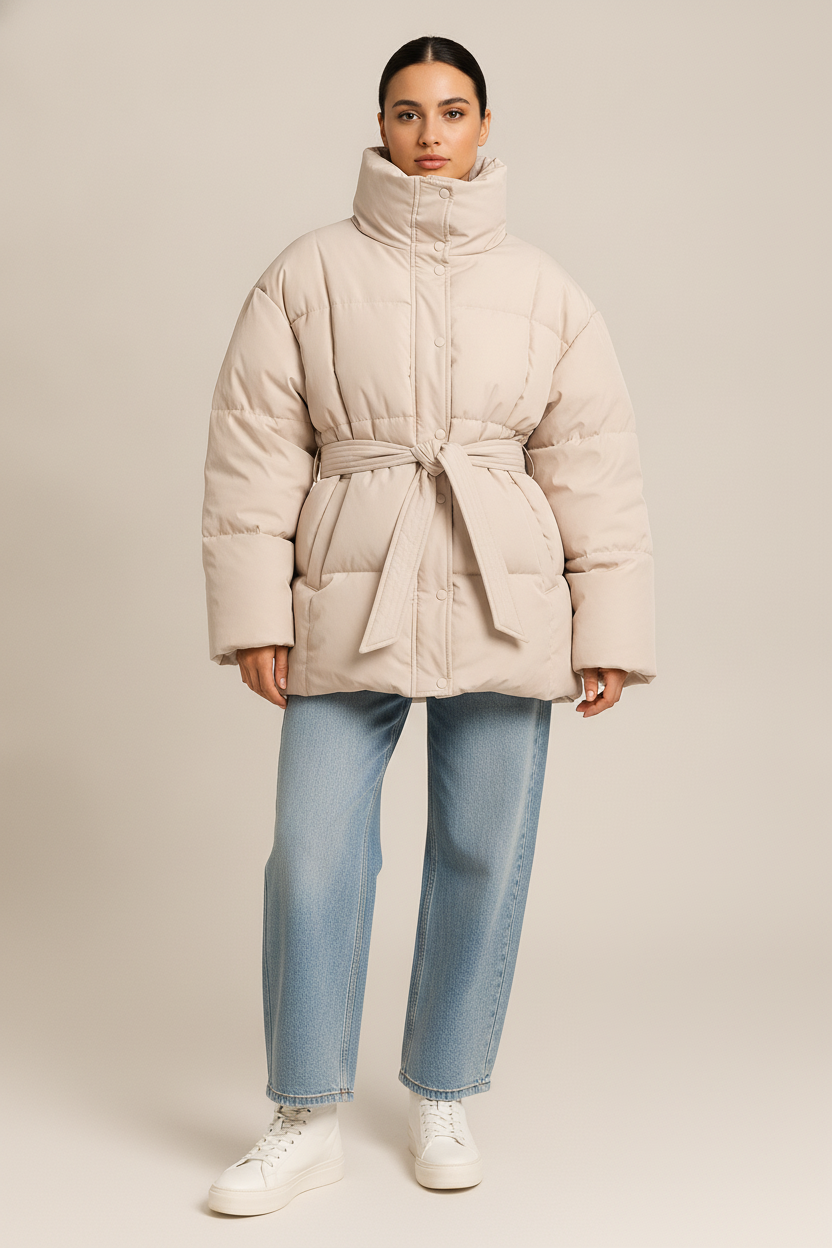 Gewatteerde Jas Dames met Ceintuur – Oversized Winterjas — Manon – Crème – vooraanzicht