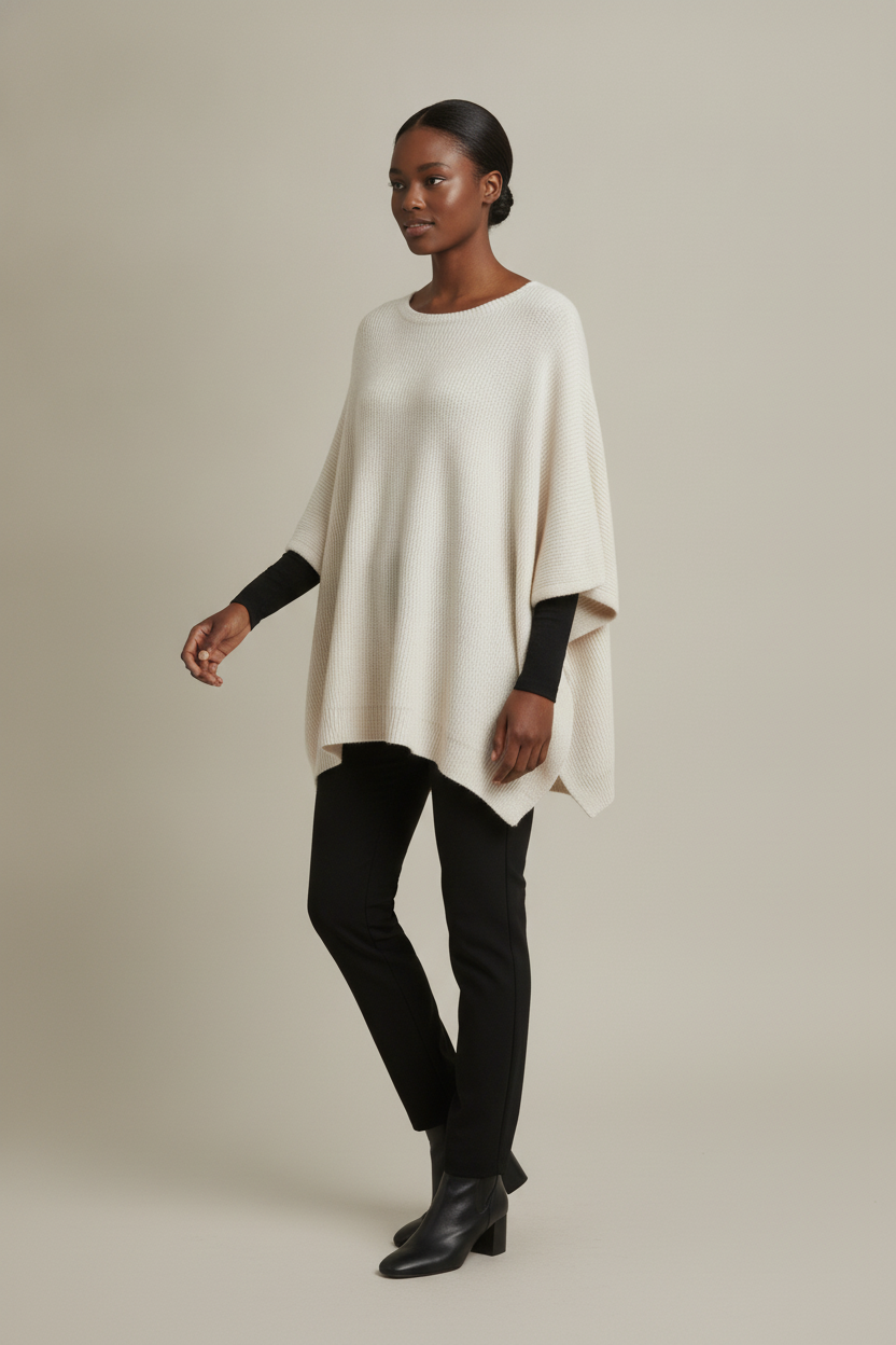 Oversized Trui Dames met Vleermuismouwen – Poncho Trui — Kalani – Crème – vooraanzicht