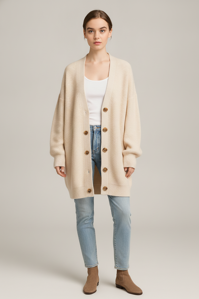 Gebreid Vest Dames met V-hals – Oversized Cardigan — Mireille – Crème – vooraanzicht