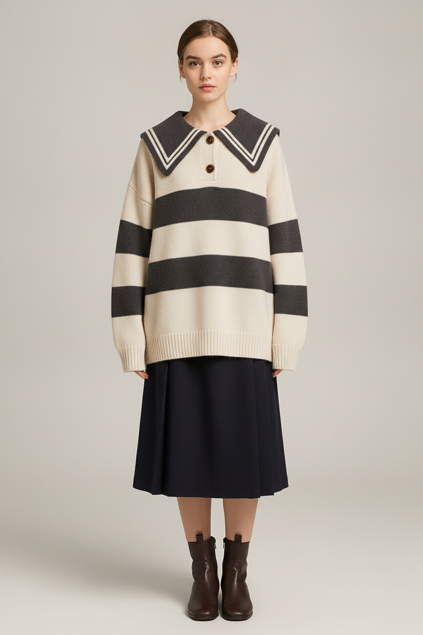 Gestreepte Trui Dames met Kraag – Oversized Polo Trui — Zinnia – Crème – vooraanzicht