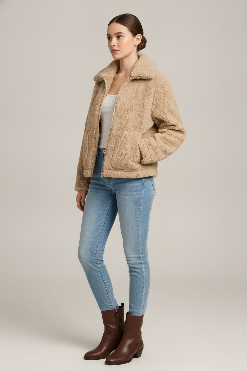 Teddy Jas Dames met Rits – Korte Pluizige Jas — Yolanda – Crème – vooraanzicht