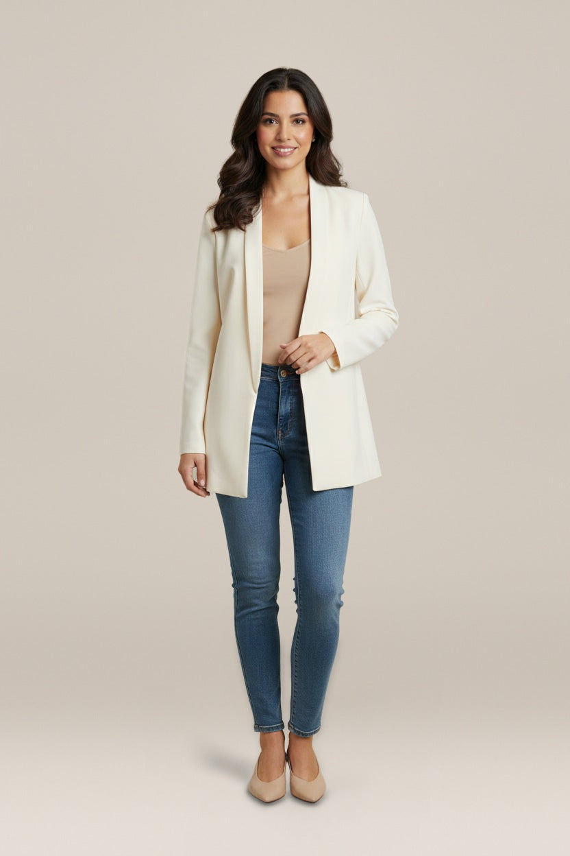 Blazer Dames Open Model – Lange Getailleerde Colbert — Clarisse – Crème – vooraanzicht