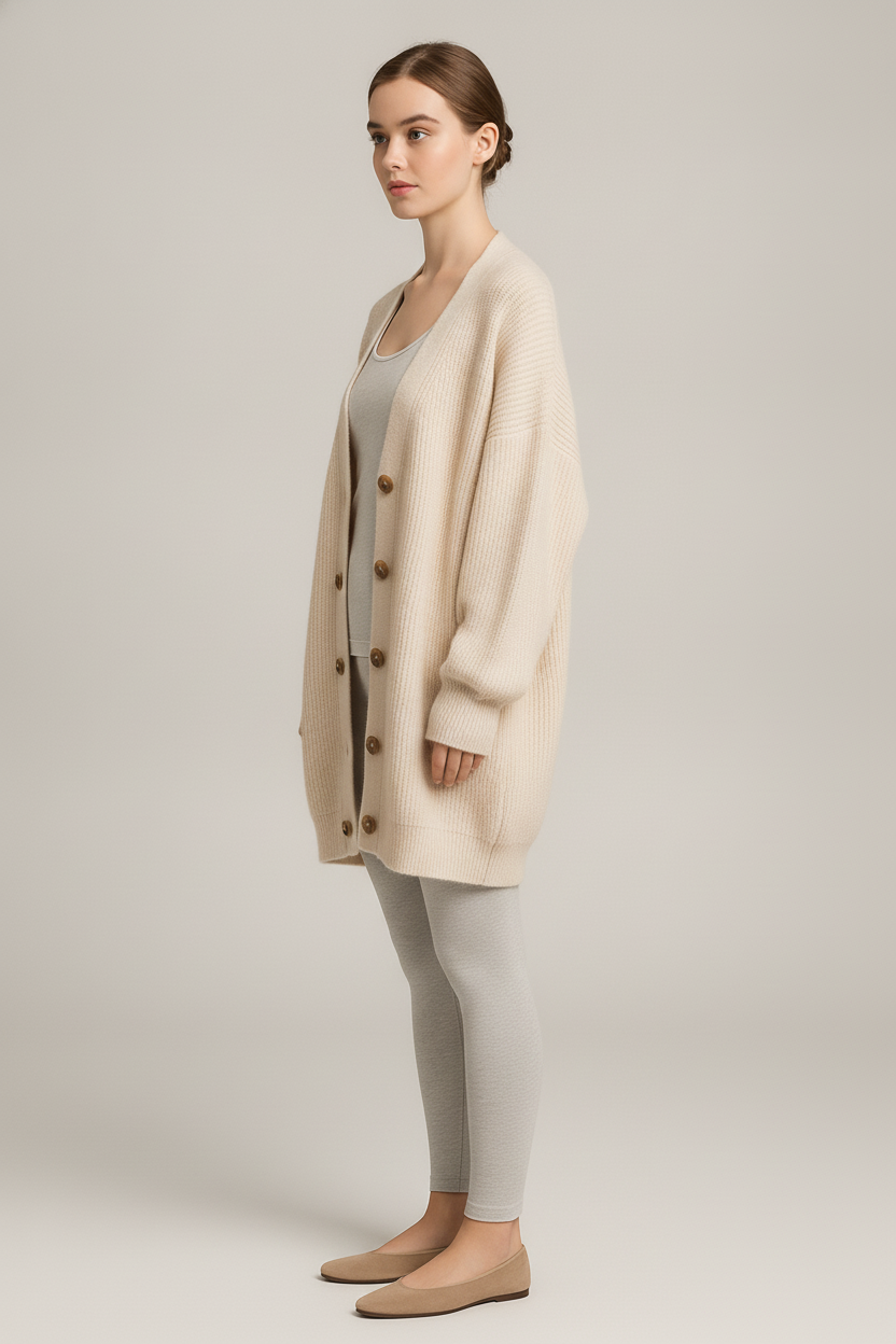 Gebreid Vest Dames met V-hals – Oversized Cardigan — Mireille – Crème – zijaanzicht