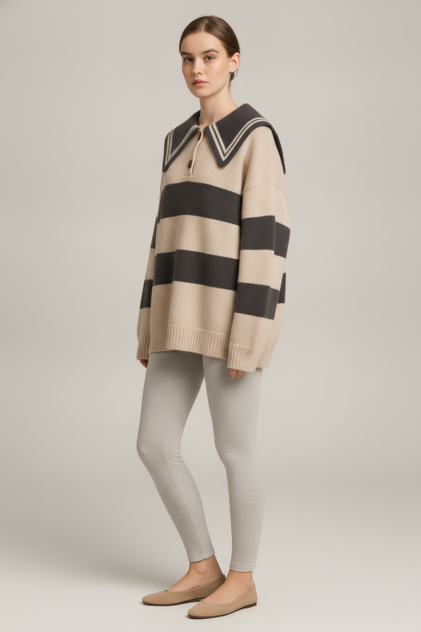 Gestreepte Trui Dames met Kraag – Oversized Polo Trui — Zinnia – Crème – zijaanzicht