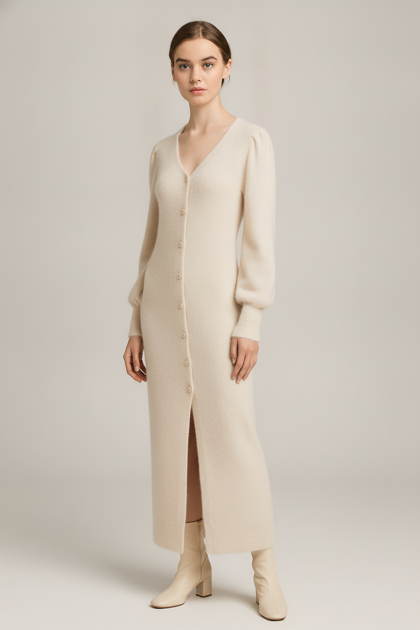 Lange Gebreide Jurk Dames met V-hals – Maxi Model met Split — Vesna – Crème – zijaanzicht