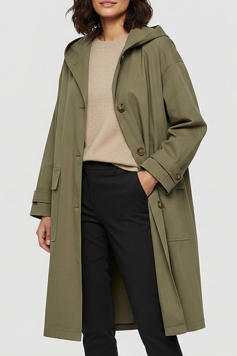 Trenchcoat Dames met Capuchon – Getailleerde Tussenjas – close-up