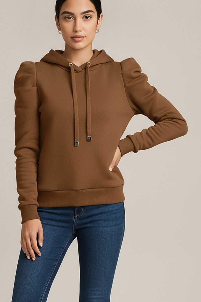 Hoodie Dames met Pofmouwen – Zachte Trui met Capuchon – close-up