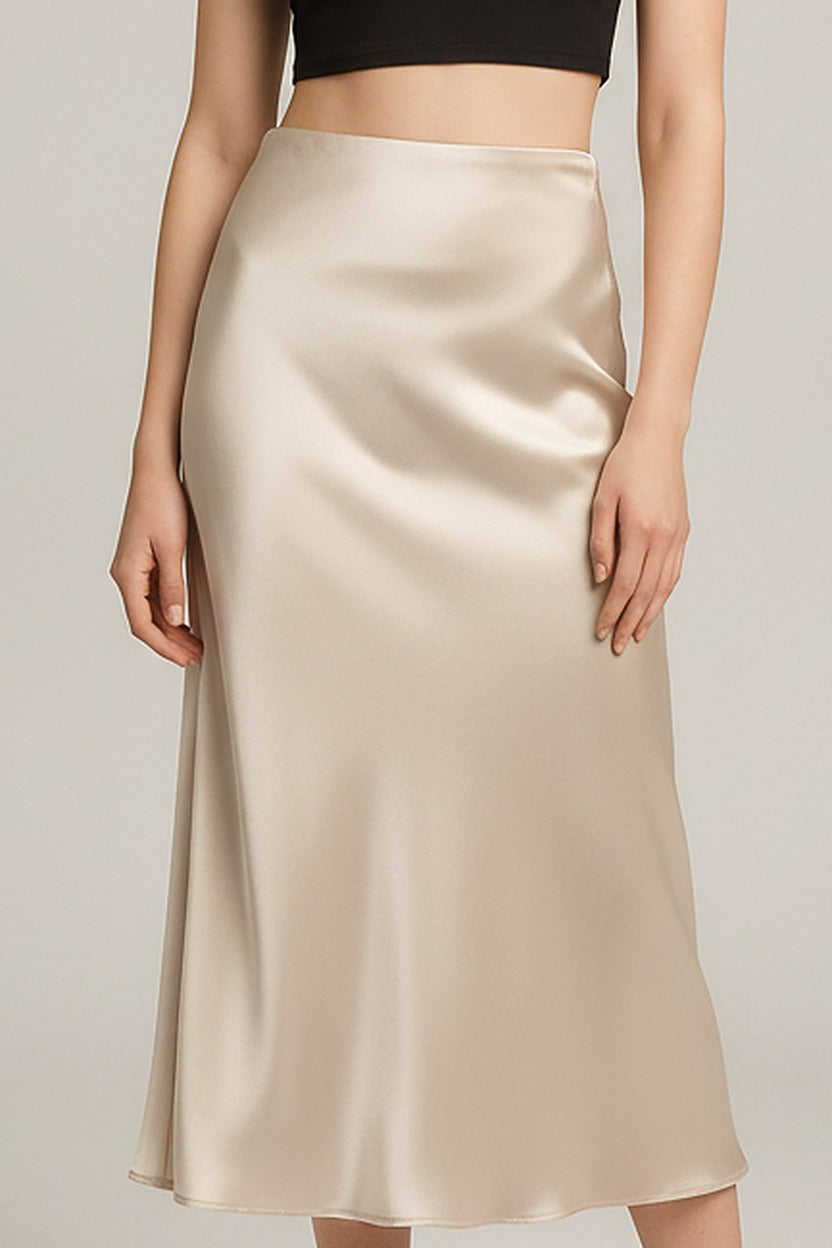 Satijnen Rok Dames Midi – Glanzende Rok met Hoge Taille – close-up