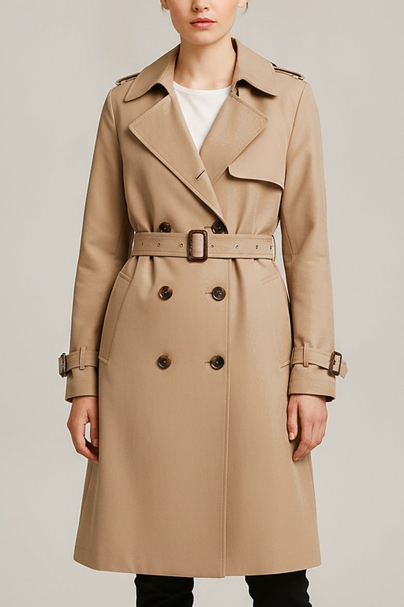 Trenchcoat Dames Halflang – Double Breasted Jas met Ceintuur – close-up
