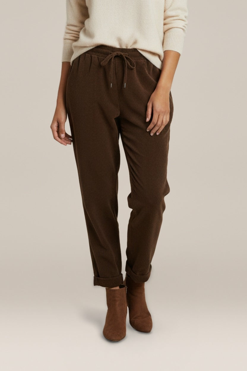 Ribcord Broek Dames met Elastische Taille – Los Model — Ameline – Bruin – close-up