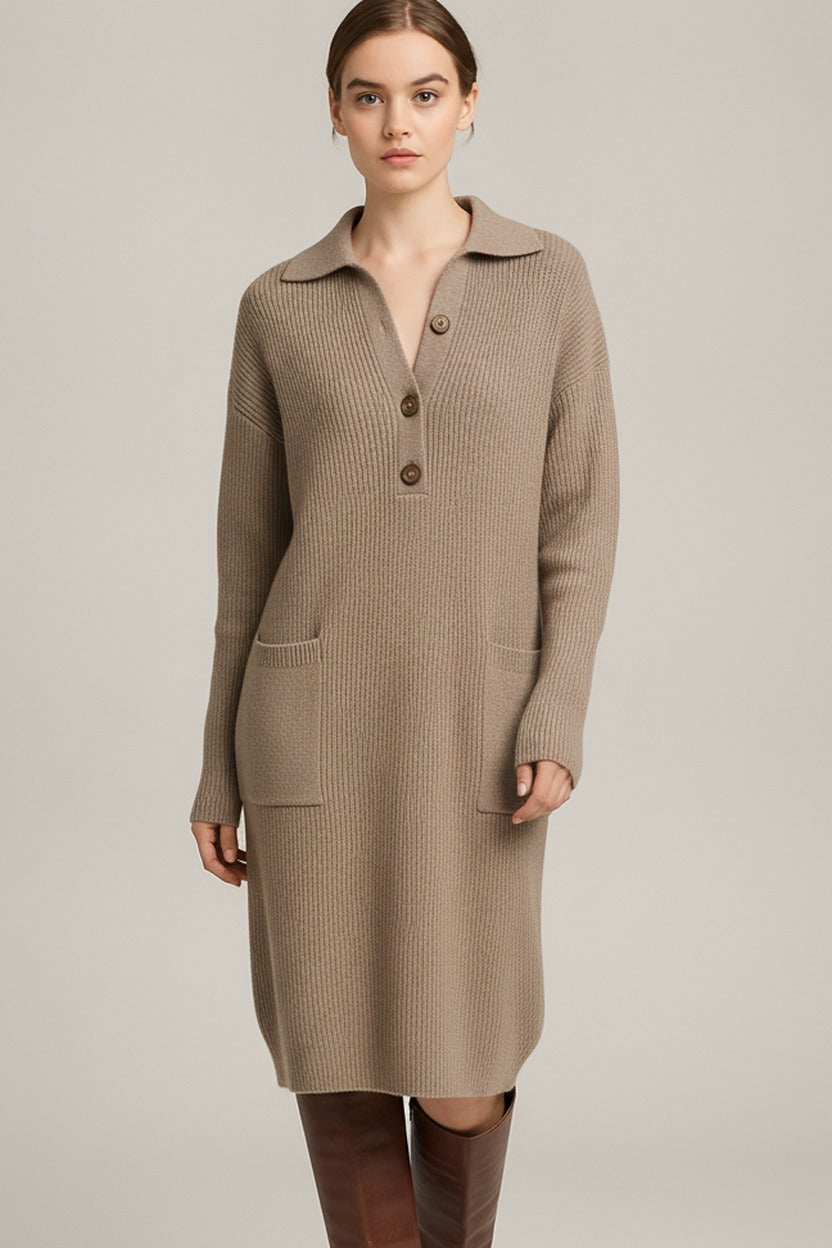 Truijurk Dames met Polokraag en Knopen – Midi Lengte — Lysandra – Taupe – close-up
