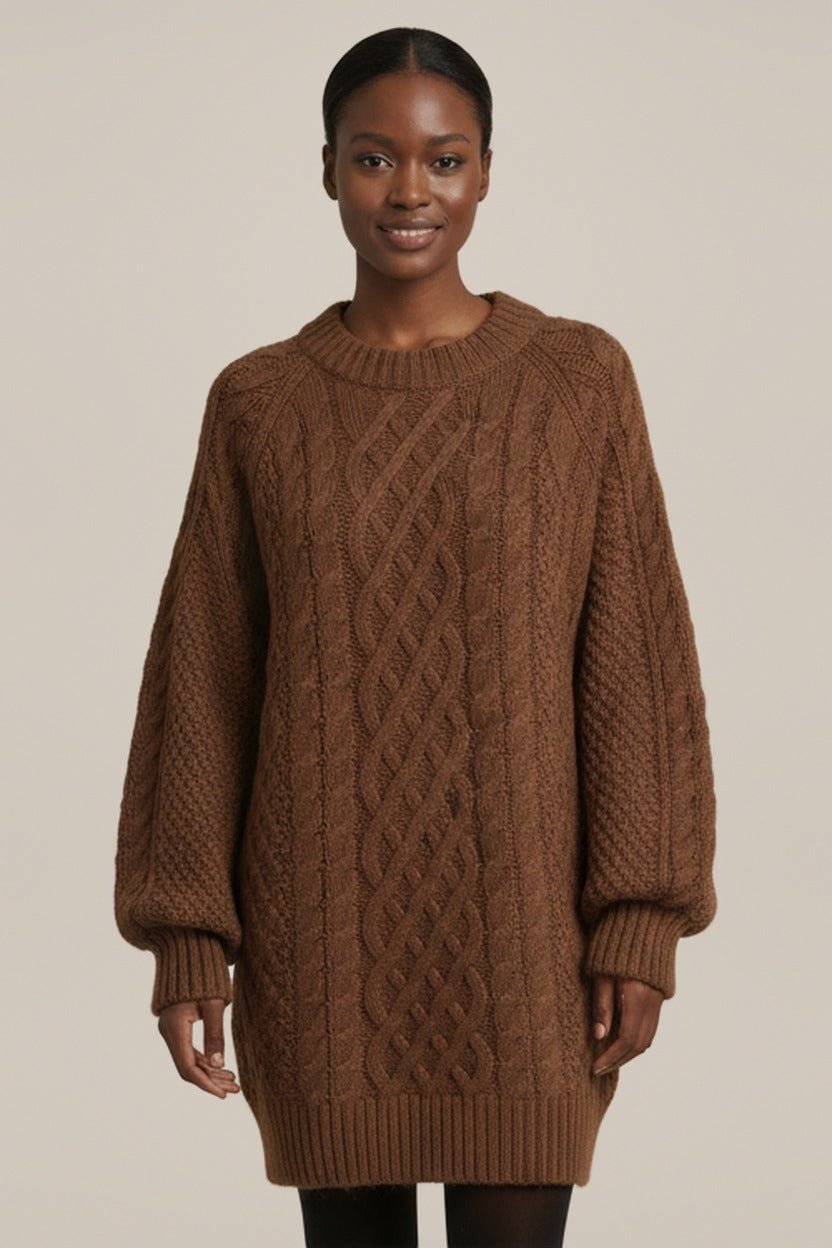 Oversized Truijurk Dames met Kabelpatroon – Ballonmouwen — Oriel – Bruin – close-up