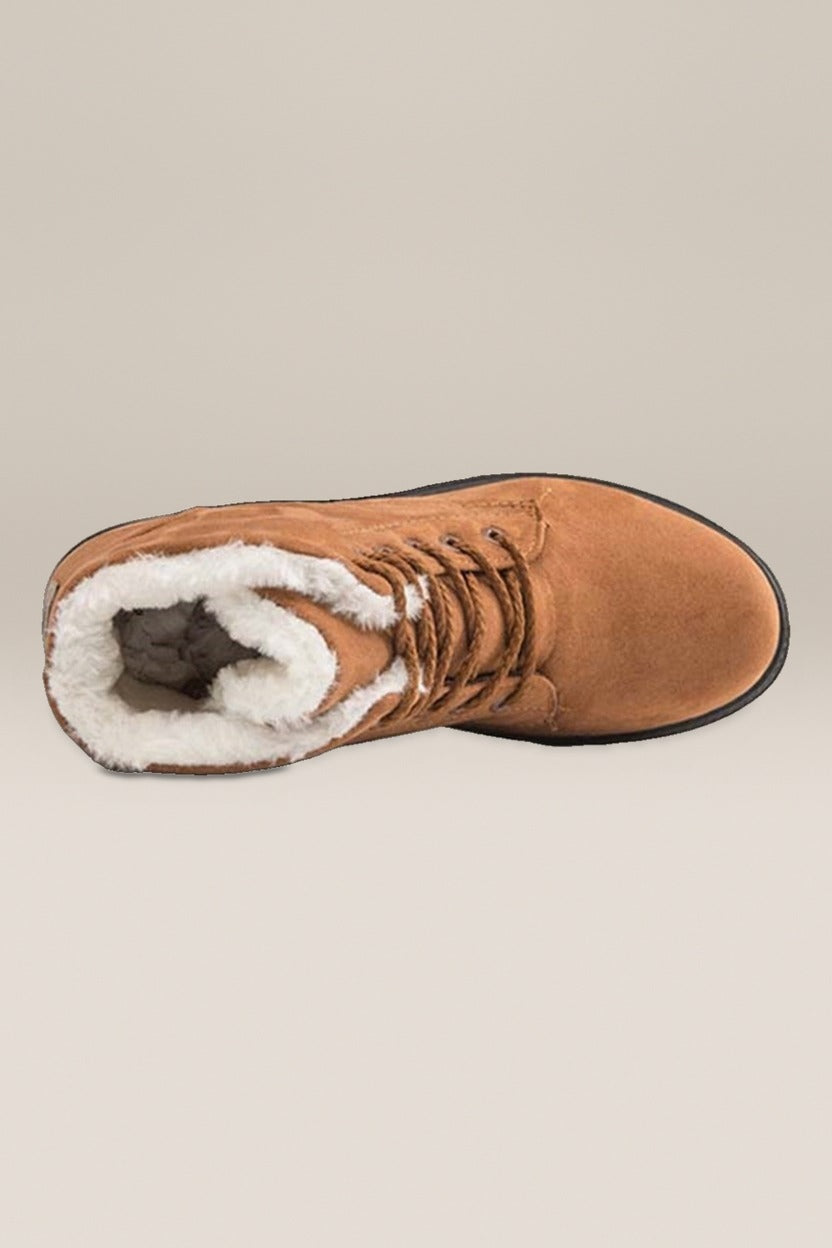 Snowboots Dames met Veters – Gevoerde Enkellaarsjes — Runa – Camel – close-up