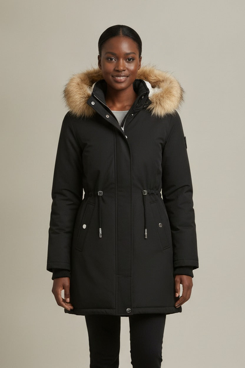 Parka Dames met Bontcapuchon – Gevoerde Winterjas — Alessia – Zwart – close-up