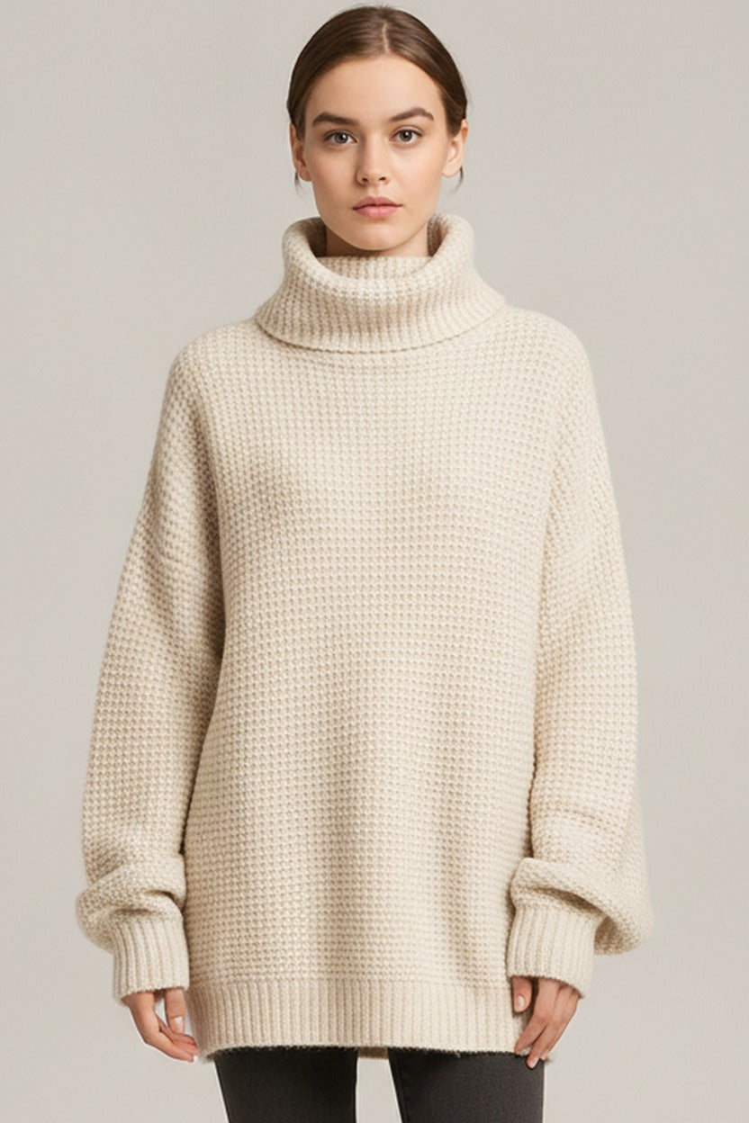 Coltrui Dames met Wafelstructuur – Oversized Gebreide Trui — Leontine – Crème – close-up