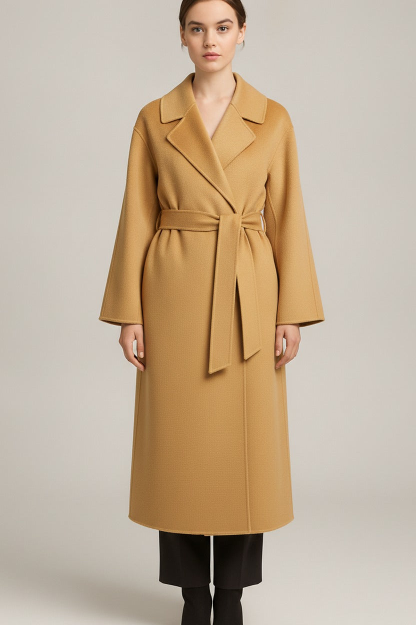 Lange Wikkeljas Dames met Ceintuur – Mantel in Wollook — Tiziana – Camel – close-up