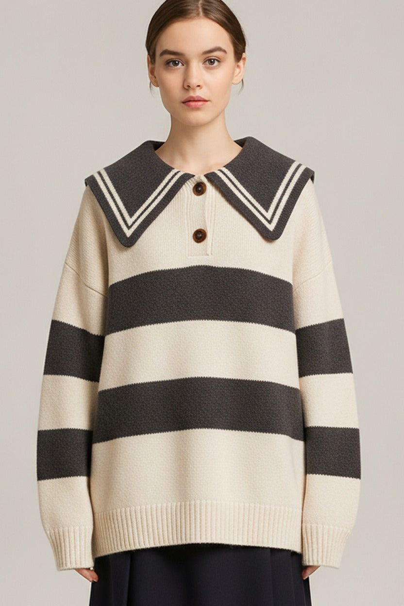 Gestreepte Trui Dames met Kraag – Oversized Polo Trui — Zinnia – Crème – close-up