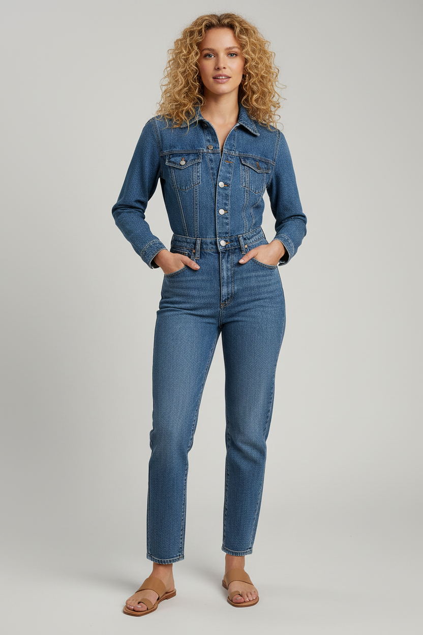 Denim Jumpsuit Dames Rechte Pijpen Lange Mouwen | Joëlle