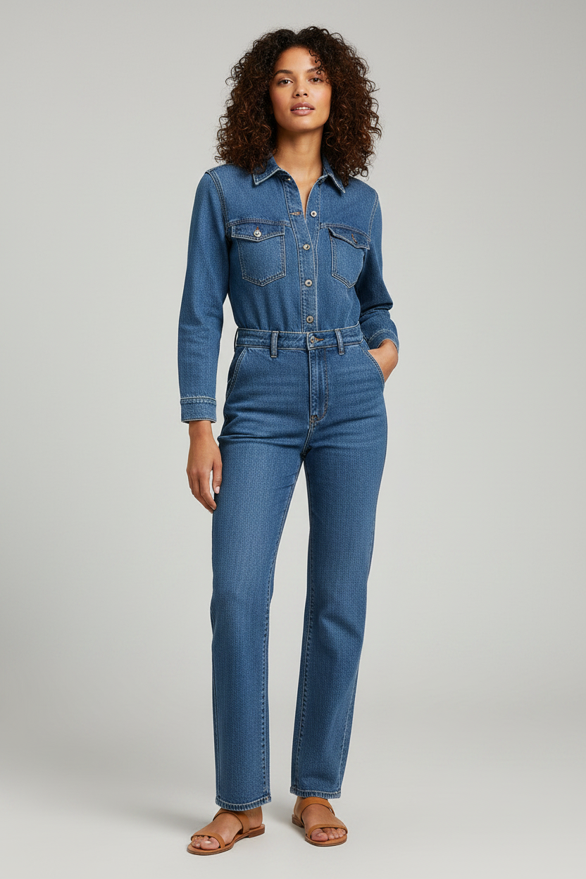 Denim Jumpsuit Dames Rechte Pijpen Lange Mouwen | Joëlle
