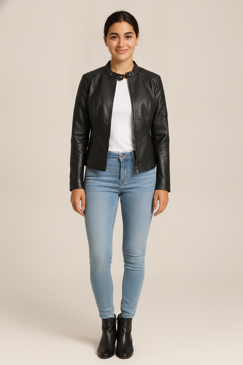 Leerlook Jas Dames met Opstaande Kraag – Kort Jasje — Sahira – Zwart – vooraanzicht