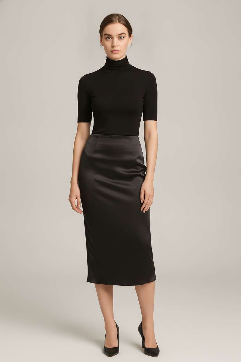 Satijnen Rok Dames Midi – Glanzende Rok met Hoge Taille — Maelle – Zwart – vooraanzicht