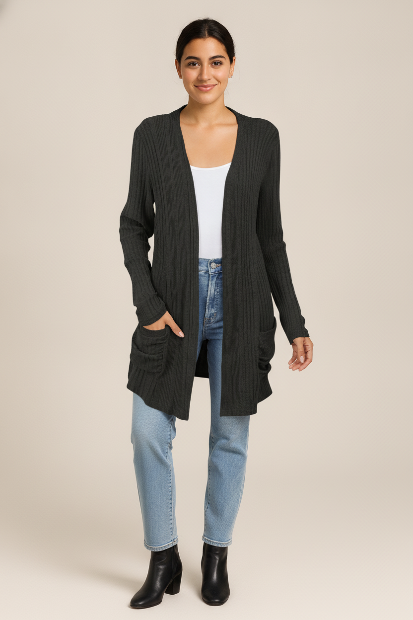 Lang Vest Dames met Zakken – Open Ribgebreide Cardigan — Catalina – Zwart – vooraanzicht