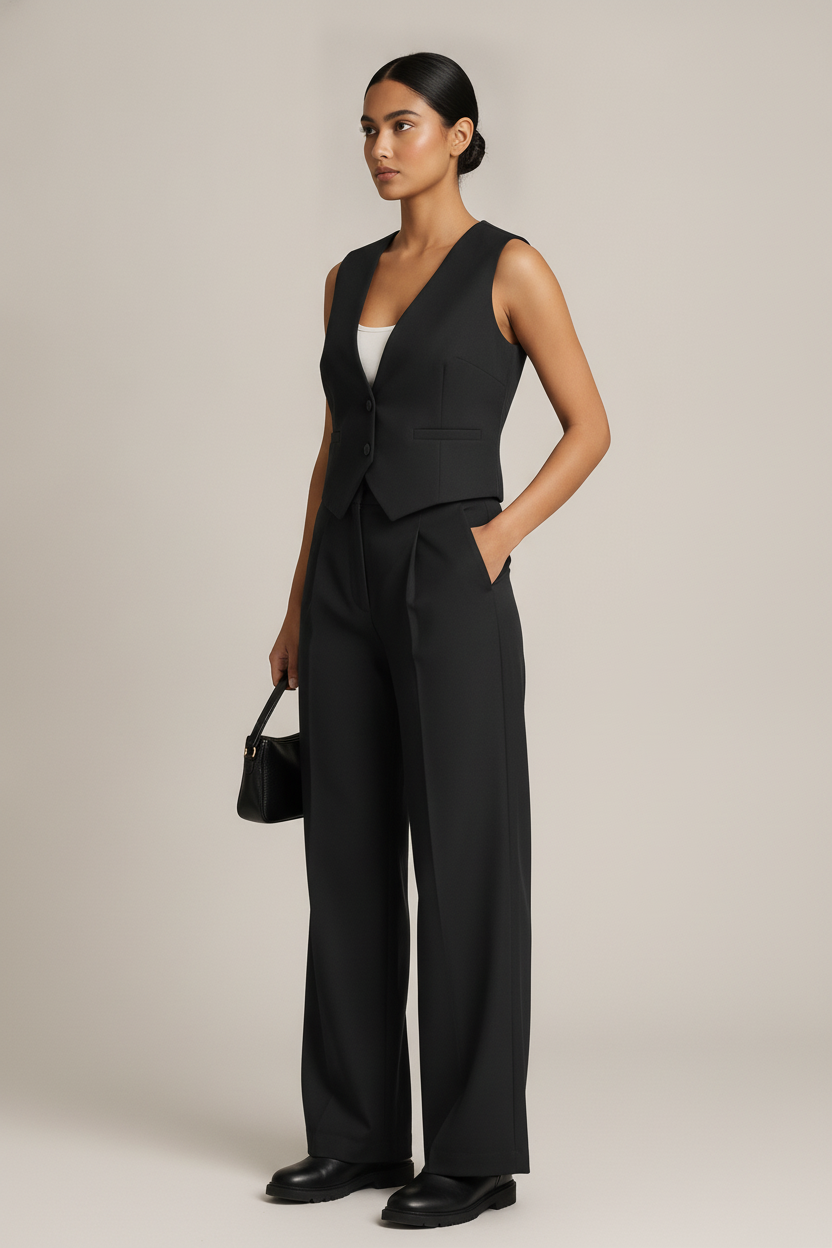 Gilet en Pantalon Set Dames — Naïla – Zwart – vooraanzicht