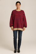Gestreepte Sweater Dames met Contrastboorden – Oversized Trui — Linde – Donkerblauw & Rood – vooraanzicht