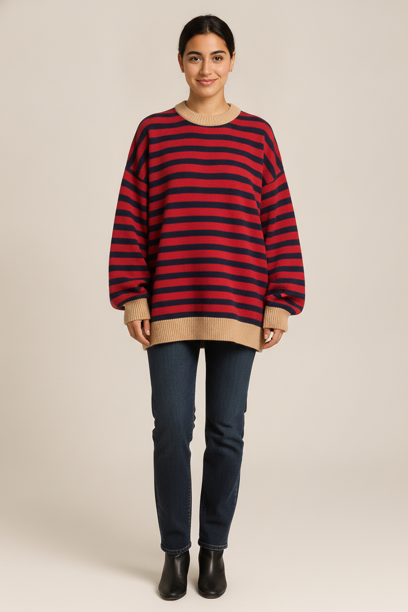 Gestreepte Sweater Dames met Contrastboorden – Oversized Trui — Linde – Donkerblauw & Rood – vooraanzicht