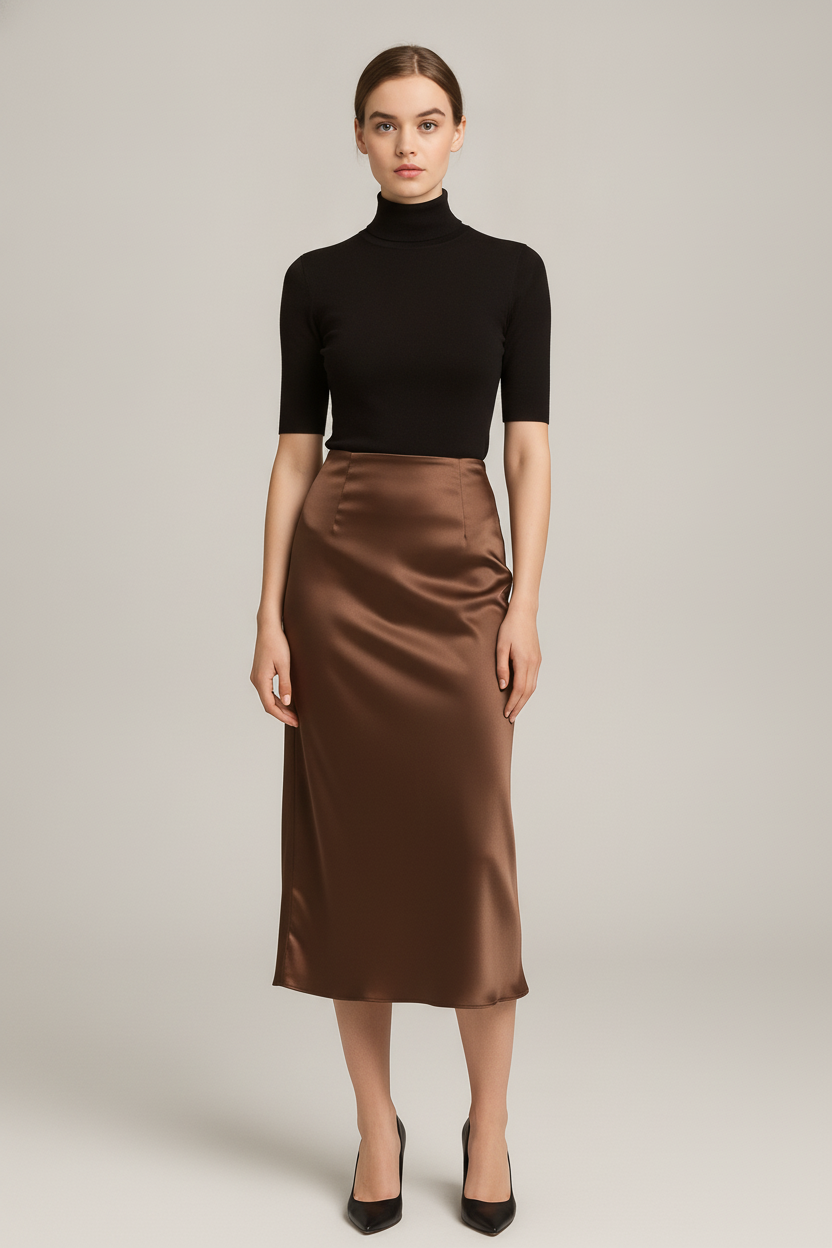 Satijnen Rok Dames Midi – Glanzende Rok met Hoge Taille — Maelle – Bruin – vooraanzicht