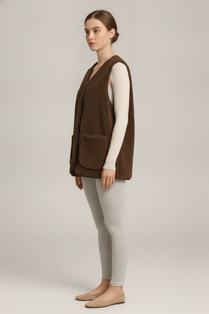 Teddy Gilet Dames – Zachte Bodywarmer met Zakken — Alora – Chocoladebruin – zijaanzicht