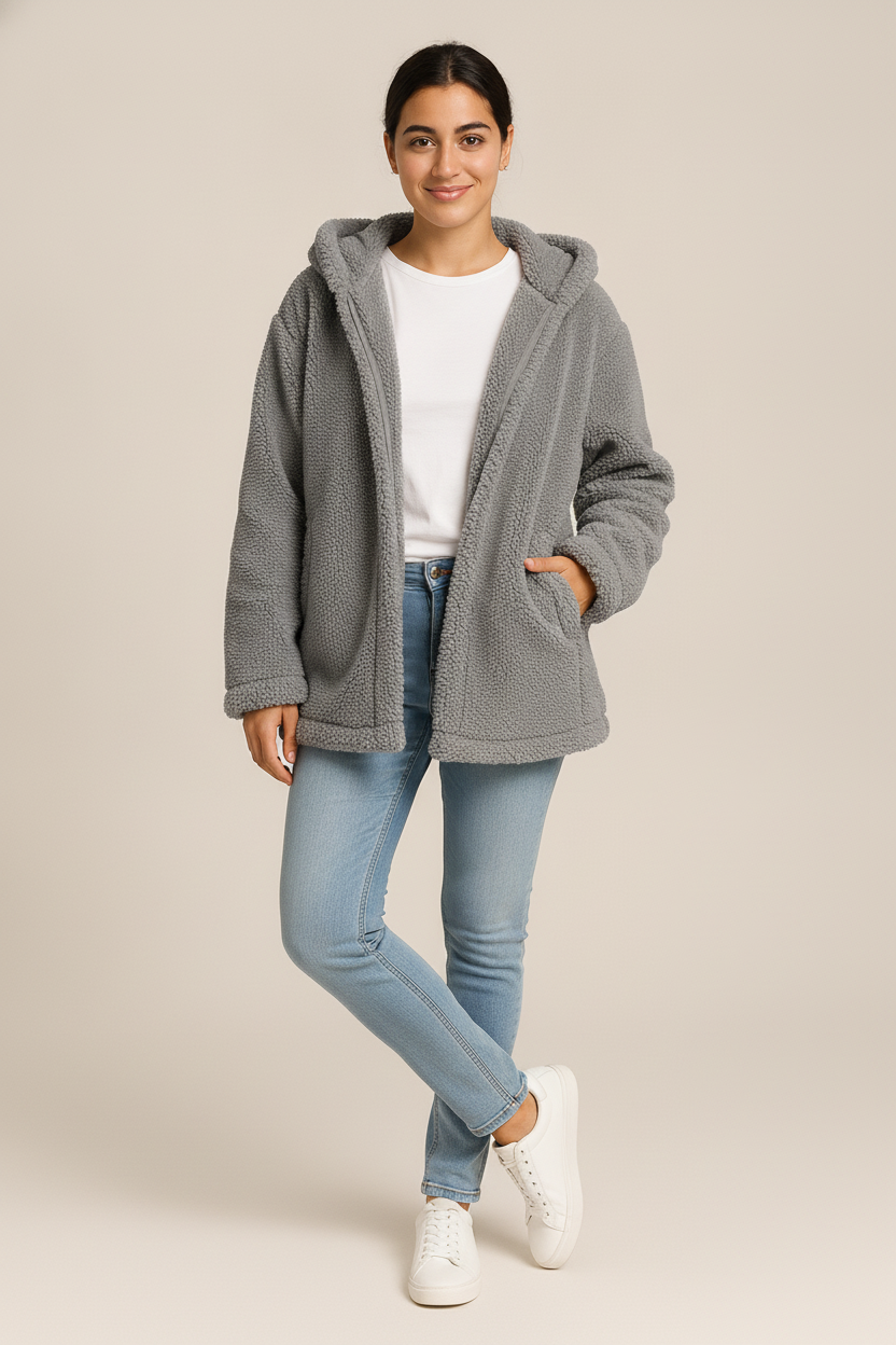 Teddy Jas Dames met Capuchon – Zacht Open Jack — Jara – Donkergrijs – vooraanzicht