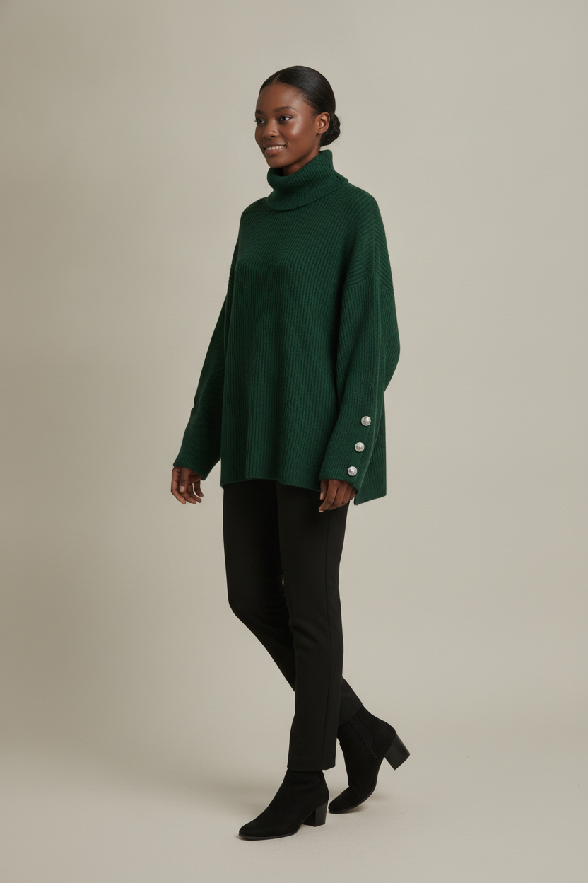 Coltrui Dames met Knoopjes op de Mouw – Oversized Col Trui — Tamsin – Donkergroen – vooraanzicht