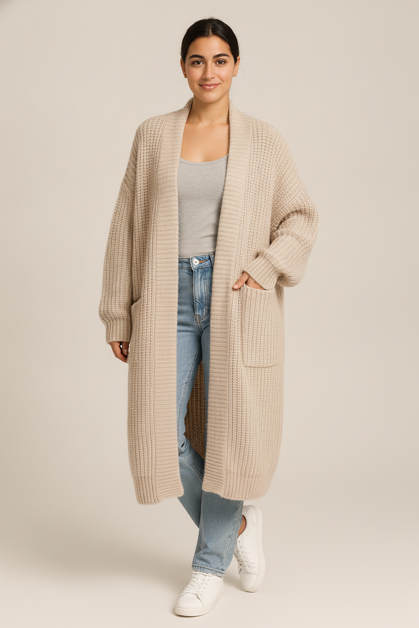 Lang Vest Dames met Zakken – Grofgebreide Cardigan — Ilvy – Ecru – vooraanzicht