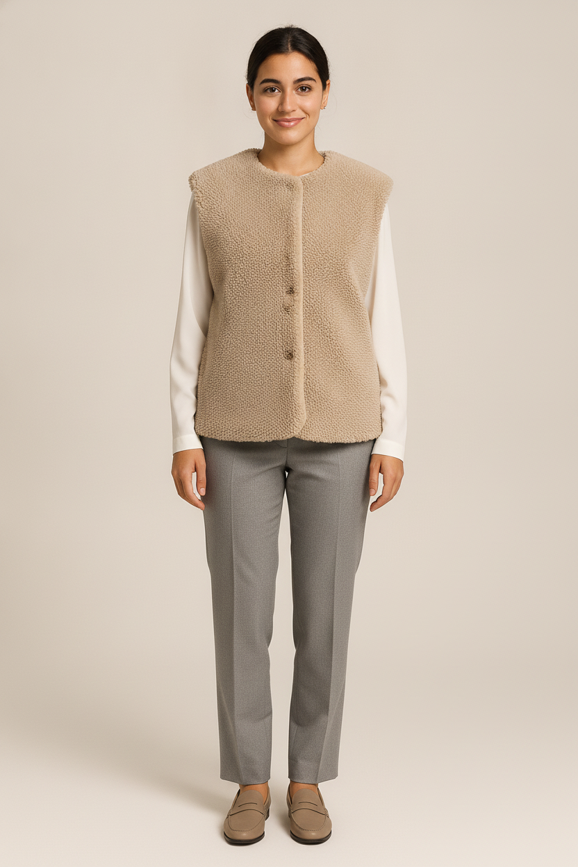 Teddy Gilet Dames zonder Kraag – Mouwloze Bodywarmer — Malia – Beige – vooraanzicht