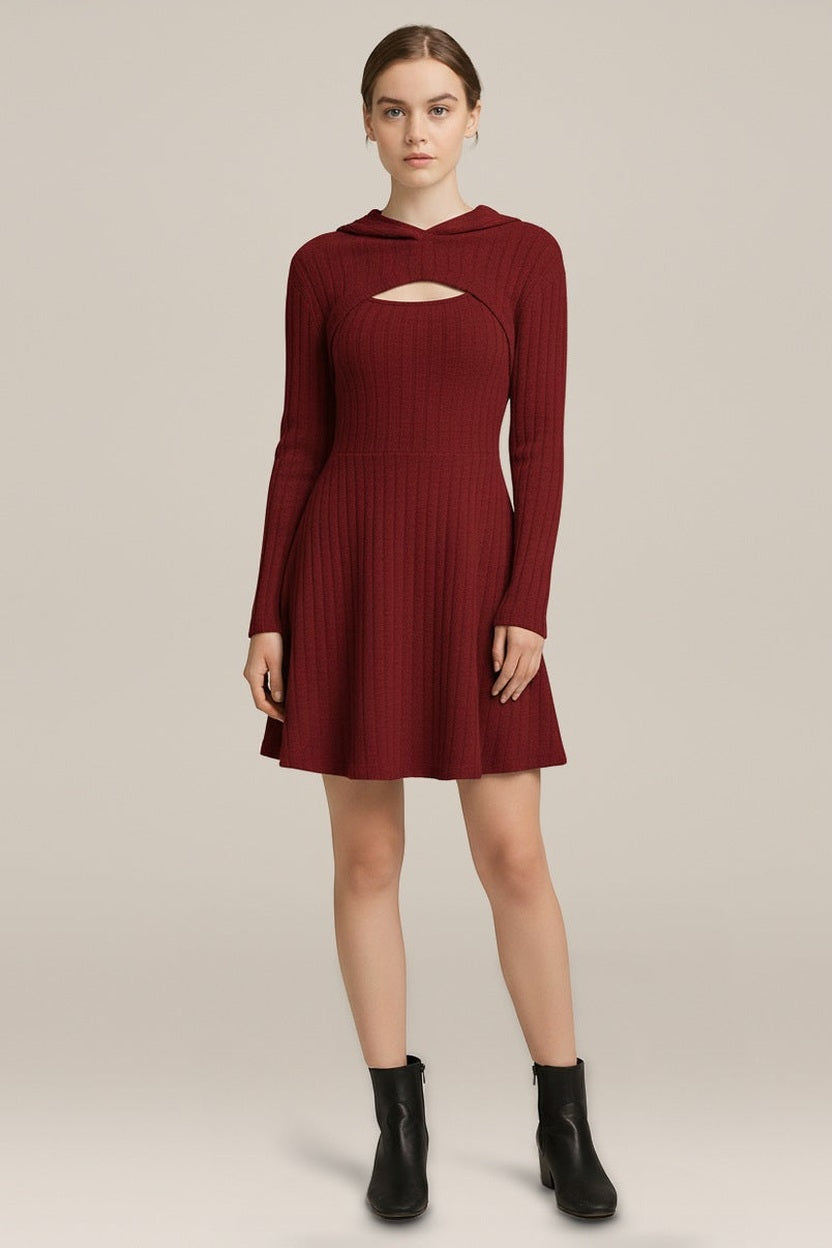 Ribgebreide Jurk Dames met Bolero – Tweedelig met Capuchon in bordeaux – vooraanzicht