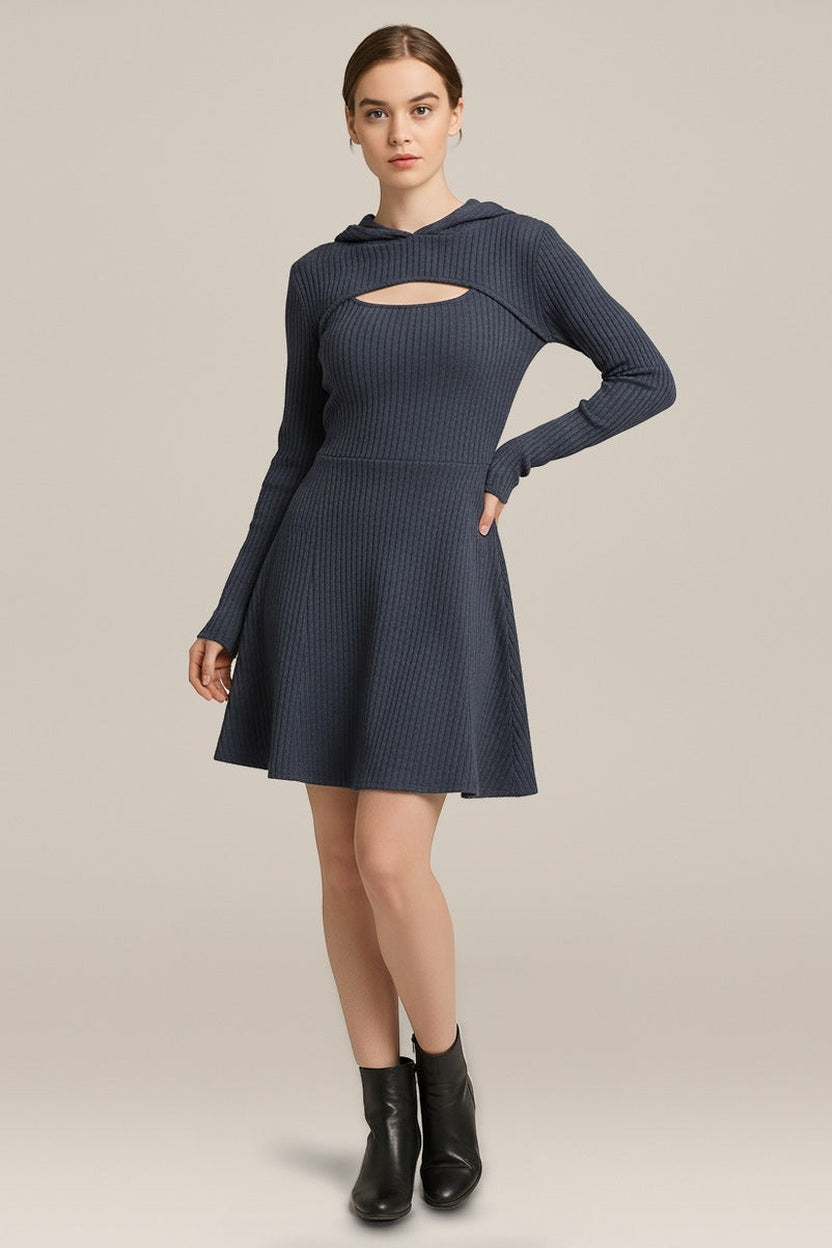 Ribgebreide Jurk Dames met Bolero – Tweedelig met Capuchon in marineblauw – vooraanzicht