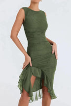 Figuurvolgende Midi Jurk van Stretch met Volantrok Dames | Charlotte
