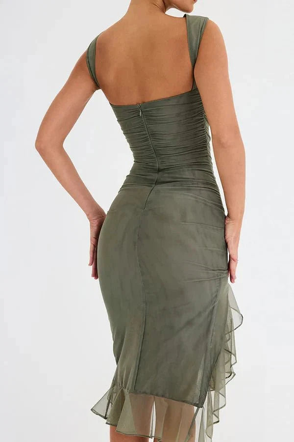 Figuurvolgende Midi Jurk van Stretch met Volantrok Dames | Charlotte