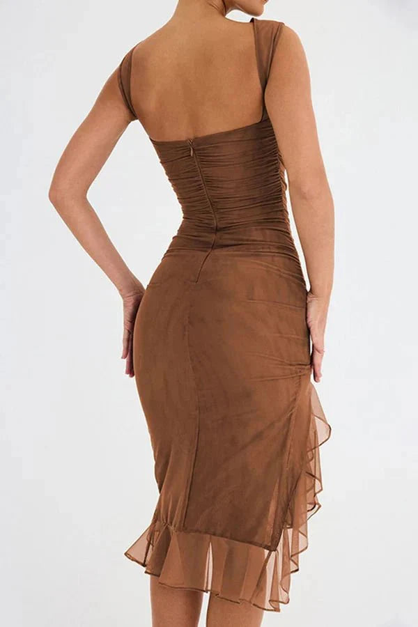 Figuurvolgende Midi Jurk van Stretch met Volantrok Dames | Charlotte