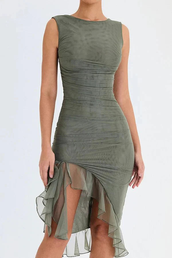 Figuurvolgende Midi Jurk van Stretch met Volantrok Dames | Charlotte