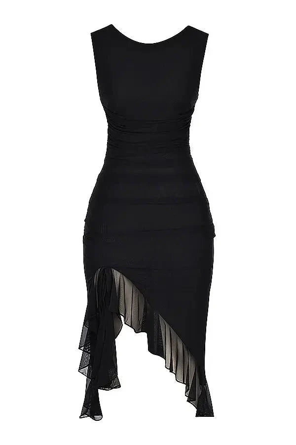 Figuurvolgende Midi Jurk van Stretch met Volantrok Dames | Charlotte