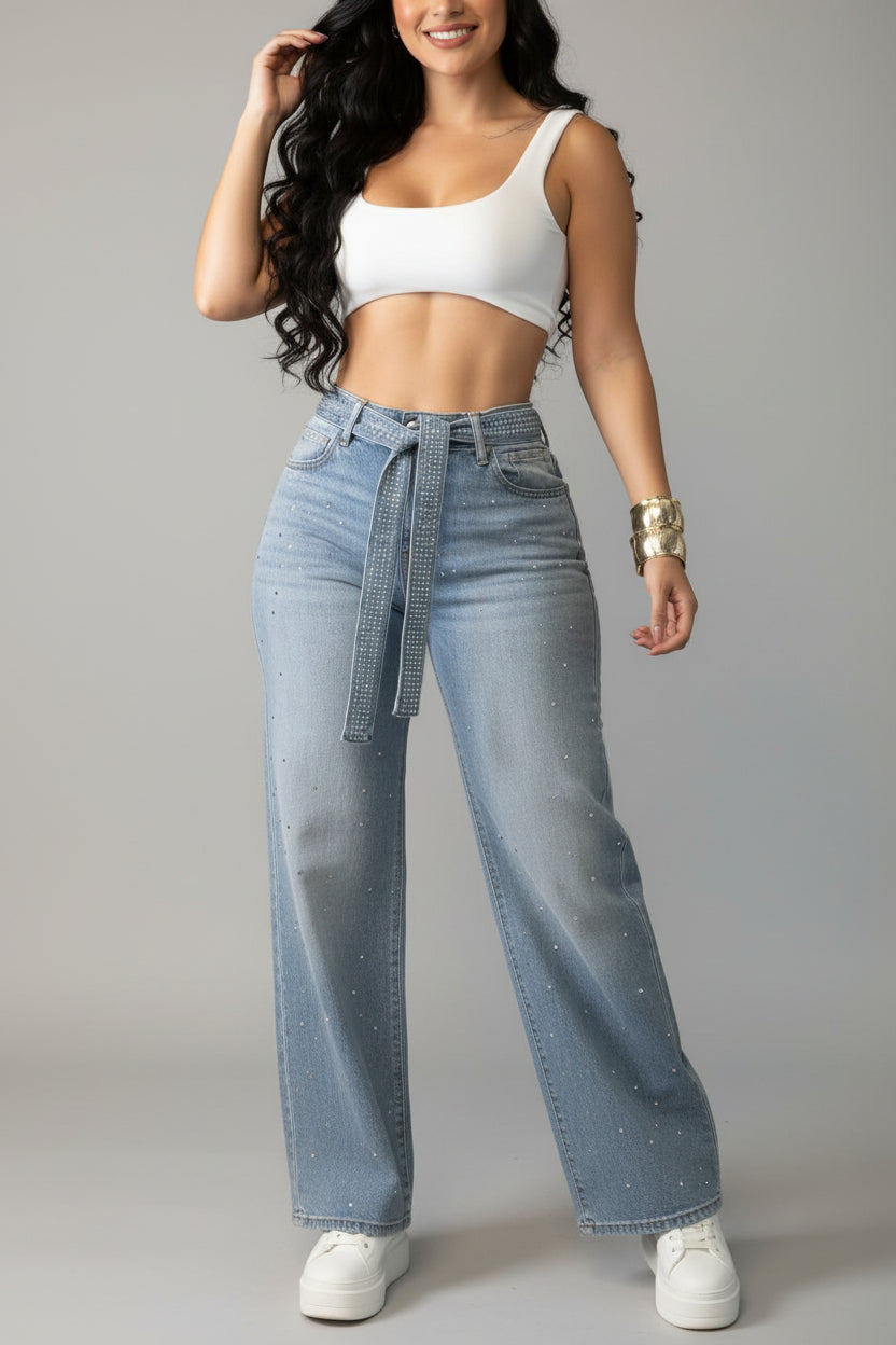 Flared Jeans Dames Strass Hoge Taille Glamour | Gloire