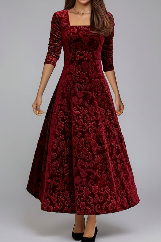 Fluwelen Midi Jurk met Bloemendessin Dames | Driekwart Mouw | Bethara