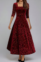 Fluwelen Midi Jurk met Bloemendessin Dames | Driekwart Mouw | Bethara
